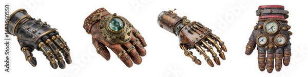 Fototapeta Steampunk style decorative gloves with gears and clocks on transparent background
