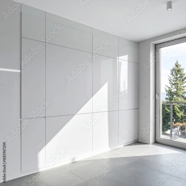 Fototapeta Bright White Interior with Large Window Featuring a Serene Outdoor View