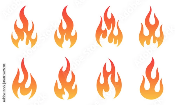 Fototapeta Set of fire flame 8 vector icons in orange and red gradient. Perfect for fire, heat, burning, energy, and warning designs. Includes simple and clean flame clip art illustrations