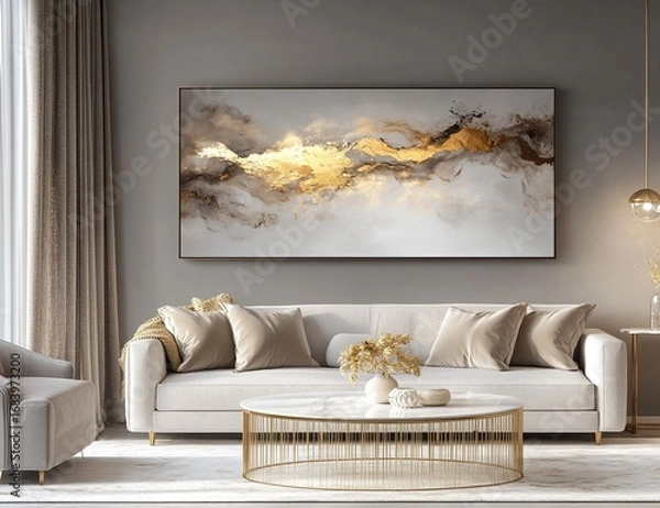 Fototapeta Elegant Living Room with Gold Abstract Art and Sophisticated Decor