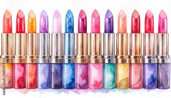 Fototapeta Watercolor Style Assorted Lipsticks in Gold Cases Featuring Vibrant Spectrum Colors