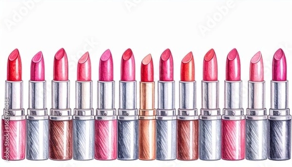 Fototapeta Line of Assorted Colors and Finishes of Lipsticks on a White Background