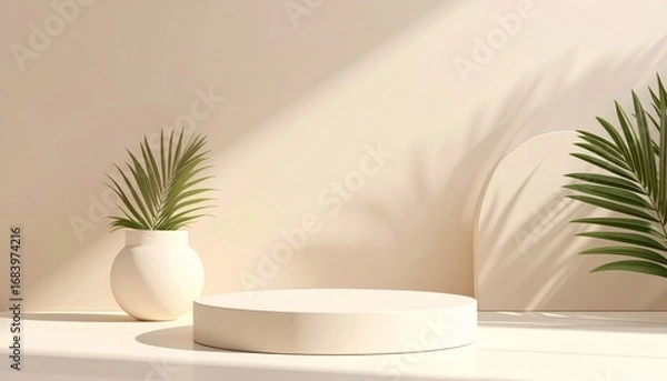 Fototapeta Minimal Podium with Plant and Shadow for Product Display in Clean White Studio