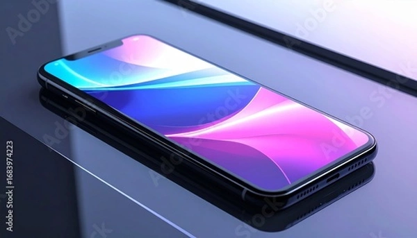 Fototapeta Sleek Smartphone with Gradient Screen Display on Reflective Surface for Communication and Technology