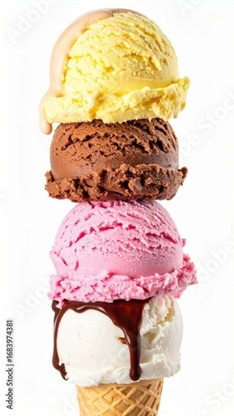 Fototapeta Tower of Multi Flavored Ice Cream Scoops Drizzled in Chocolate Against White Backdrop