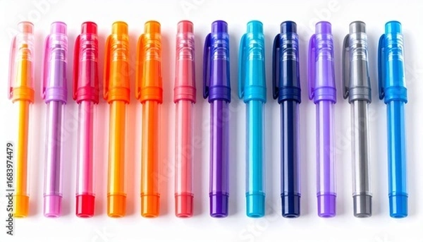 Fototapeta Row of Colorful Pens with Transparent Caps on White Background for Writing and Drawing