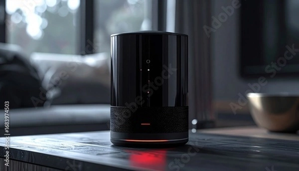 Fototapeta Modern Black Cylindrical Device Displayed on a Table in Room with Natural Lighting