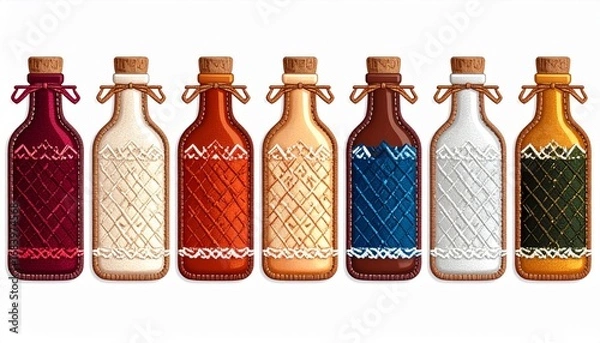 Fototapeta Various Color Pixel Art Potion Bottles Arranged in a Row Against White Background