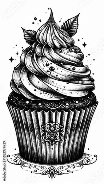 Fototapeta Detailed Monochrome Cupcake Illustration with Swirled Frosting and Intricate Pattern