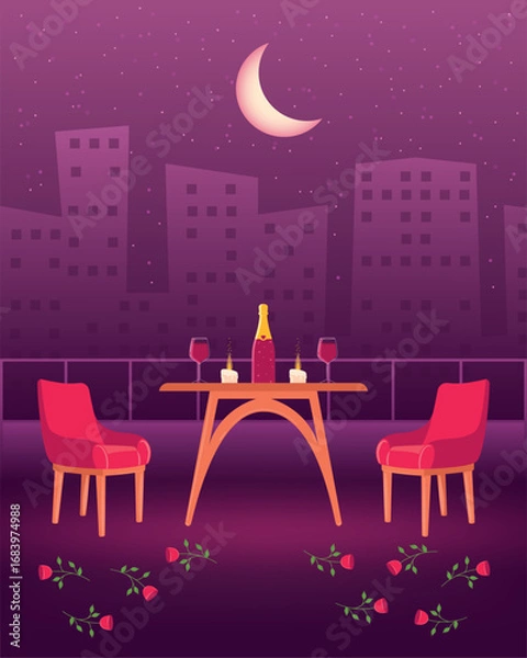 Fototapeta Night rooftop dinner date scene. Vector