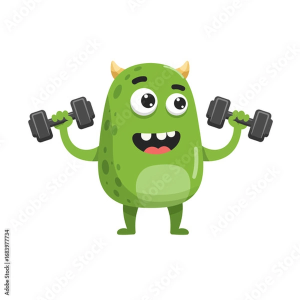 Fototapeta Smiling, strong cartoon monster enthusiastically lifting weights, perfect for kids' fitness, playful branding, and health-related content creation to boost engagement