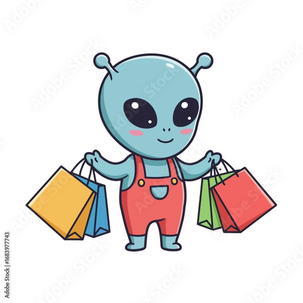 Fototapeta Adorable cartoon alien character enjoying a shopping spree with colorful bags, perfect for fun retail, marketing, and playful design concepts