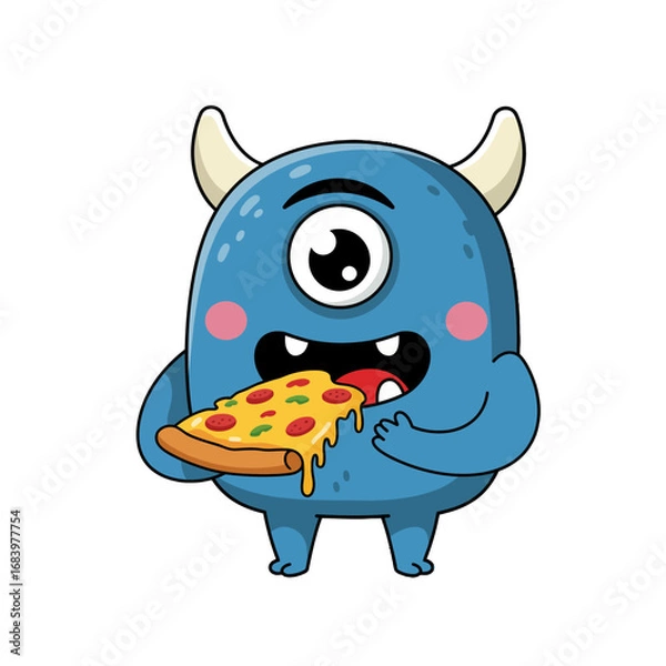 Fototapeta Delightful blue monster with one eye happily devouring a delicious slice of pizza, perfect for children's designs, food blogs, and playful illustrations