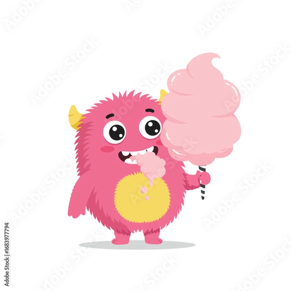 Fototapeta Adorable pink monster joyfully eating cotton candy, perfect for children's books, playful branding, and whimsical design projects that spark happiness and sweet fun