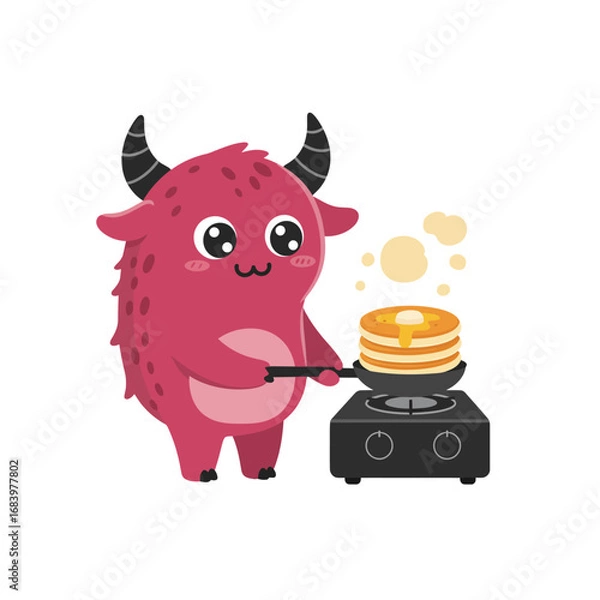 Fototapeta Adorable monster character flipping pancakes in a pan, perfect for children's book illustrations, food blogs, and fun educational resources, evoking joy