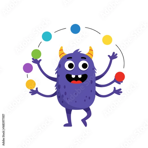 Fototapeta Playful purple monster juggling colorful balls with joyful expression, perfect for children's entertainment, educational materials, and whimsical branding projects