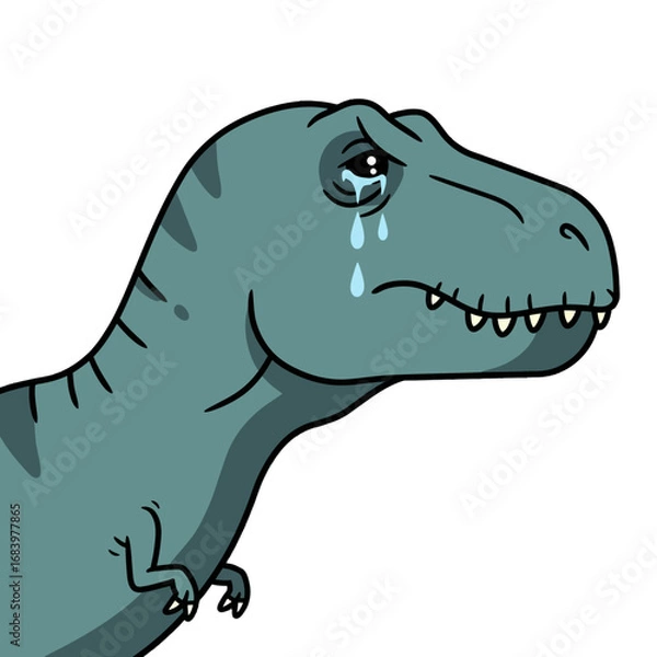 Fototapeta A sad Tyrannosaurus Rex shedding tears of sorrow, a poignant cartoon illustration perfect for conveying feelings of grief, loss, or empathy