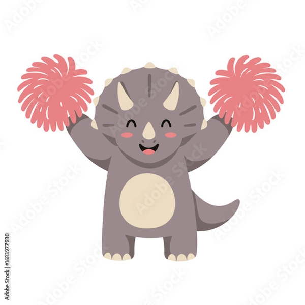 Fototapeta Excited triceratops dinosaur character with pom poms cheering enthusiastically, embodying spirit and fun for children's events and playful designs