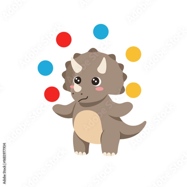 Fototapeta Adorable triceratops dinosaur happily juggling colorful balls with a playful expression, perfect for children's books and vibrant designs