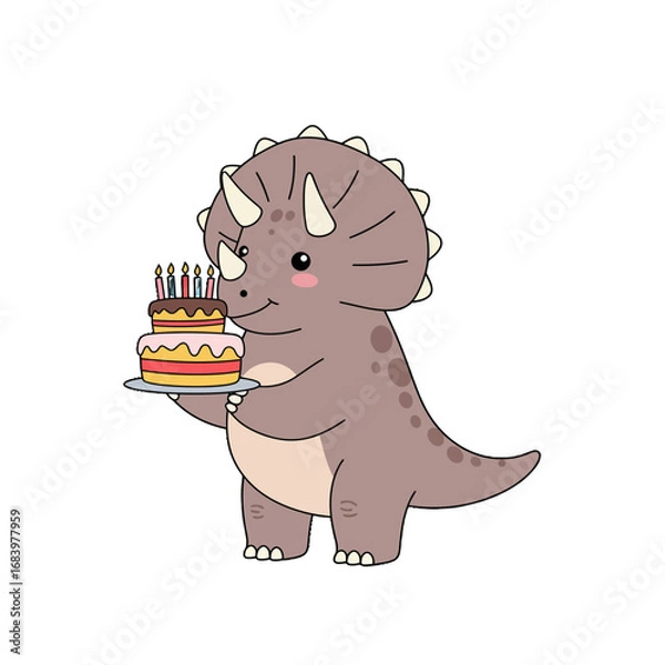Fototapeta Joyful Triceratops character celebrating a birthday with a tiered cake adorned with candles, perfect for children's parties and festive occasions.