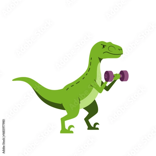 Fototapeta Energetic green dinosaur flexing muscles with dumbbells, showcasing strength and a fun, active lifestyle for fitness and health promotions.