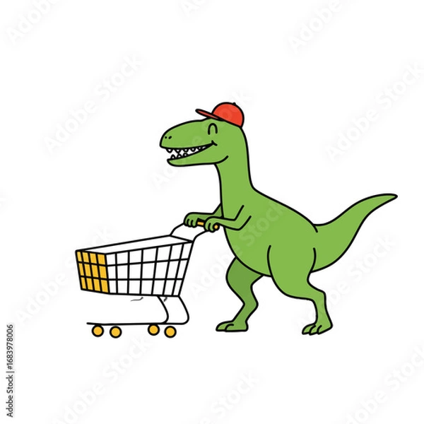 Fototapeta Charming cartoon T-Rex dinosaur wearing a red cap happily pushing a shopping cart, perfect for playful marketing and whimsical retail themes.