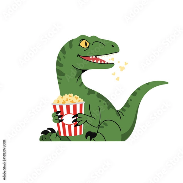 Fototapeta Joyful green dinosaur eagerly enjoys popcorn, winking with a playful, happy expression, perfect for themed events and whimsical marketing campaigns.