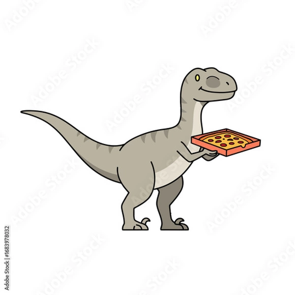 Fototapeta Adorable cartoon raptor proudly presents a delicious pepperoni pizza, offering a fun and playful visual for food-related themes and creative projects.