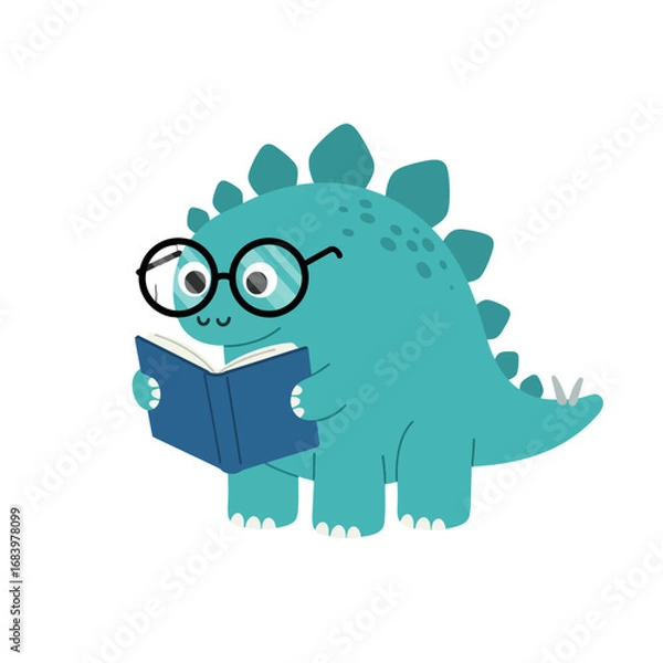 Fototapeta Adorable cartoon stegosaurus wearing glasses intently reads an open book, sparking imagination and a love for learning in children's educational content.