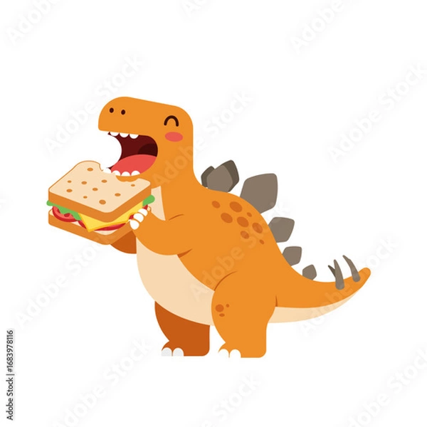 Fototapeta Joyful orange stegosaurus happily devouring a delicious, fresh sandwich with lettuce, cheese, and tomato, perfect for children's books and fun designs.