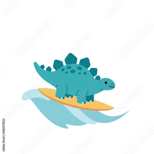 Fototapeta Adorable turquoise stegosaurus cheerfully surfs a gentle wave on a bright yellow surfboard, embodying playful summer fun and adventure.
