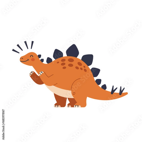 Fototapeta Charming cartoon stegosaurus dinosaur with playful expression and clapping hands, perfect for children's books, educational materials, and whimsical designs.