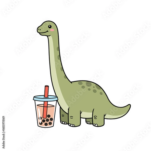 Fototapeta Adorable cartoon Brontosaurus enjoying a sweet bubble tea, perfect for playful designs and charming content that celebrates fun, snacks, and cute prehistoric friends in a delightful way.