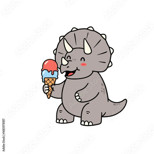 Fototapeta Adorable cartoon triceratops dinosaur happily enjoying a delicious two-scoop ice cream cone on a warm sunny day, perfect for kids' themes