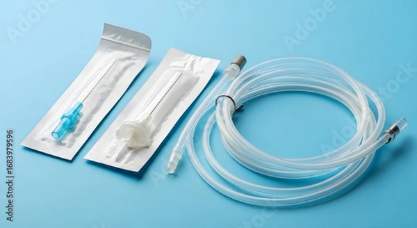 Obraz Sterile medical tubing and syringe set, packaged for medical use, on a light blue background.