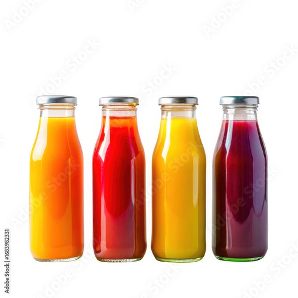 Fototapeta Four glass bottles filled with vibrant colorful juices displayed for freshness and health transparent background