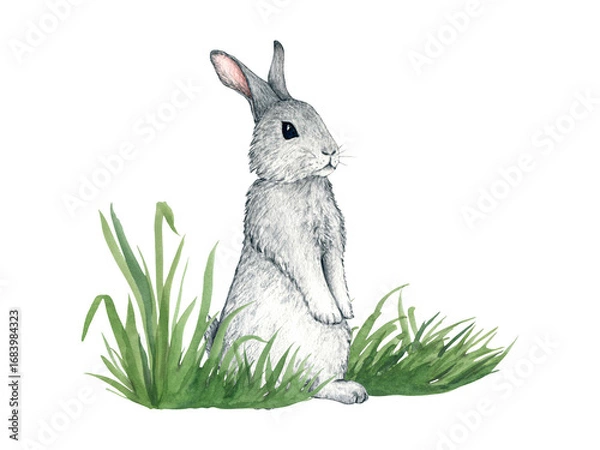 Obraz Watercolor illustration of hare in grass. Forest animals isolated on white background. Illustration of Cute rabbit in the grass for kids design, postcards, poster, print. Clip art for nursery design