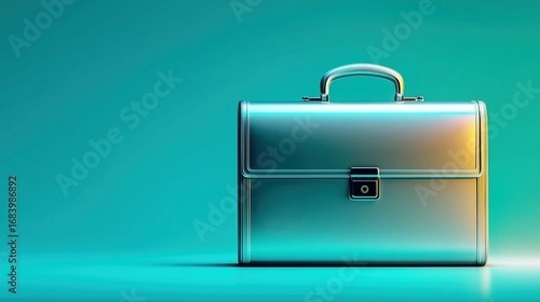 Fototapeta Luxury metallic briefcase in iridescent turquoise and gold tones, placed against a bright teal backdrop.

