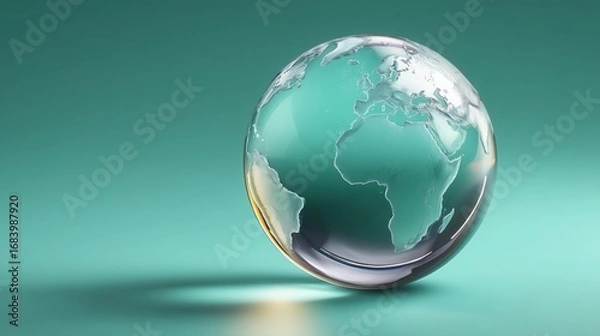 Fototapeta Crystal-clear glass globe with shimmering gold continents, floating elegantly over a soft teal gradient background.

