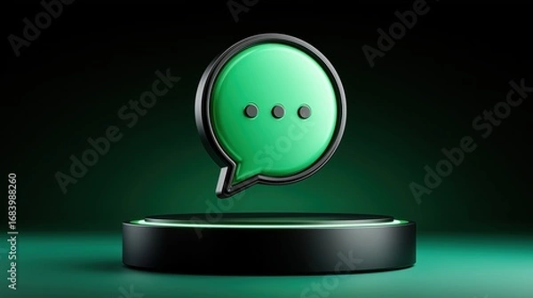 Fototapeta Minimal matte green speech bubble icon with three dots on a sleek black base over glowing green.


