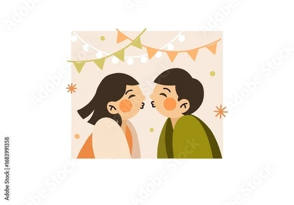 Fototapeta Cartoon illustration of a couple kissing under string lights and festive banners, with soft pastel colors and simple geometric shapes, representing love, romance, and celebration in a joyful setting
