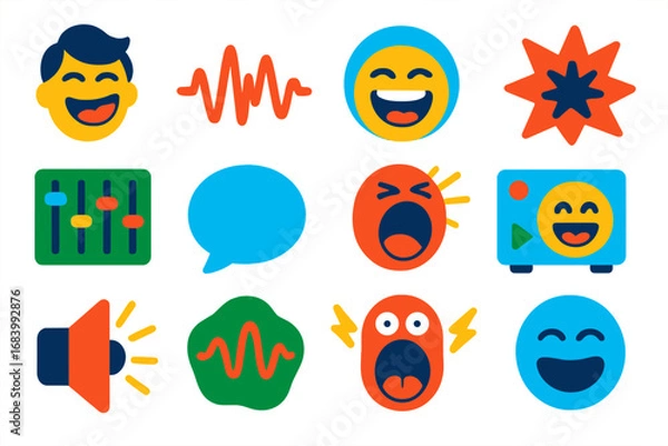 Fototapeta Voice Comedy Icons. Flat vector icons of voice comedy: funny impression, vocal wave, loud laugh, crackling sound, pitch modulator,