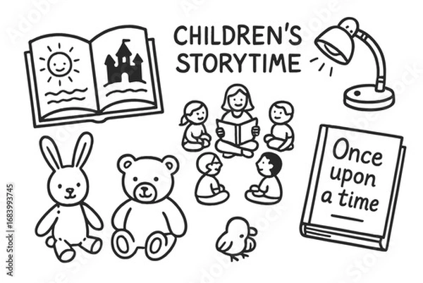 Fototapeta Storytime Doodle Set. Children’s storytime doodle set: hand drawn icons for picture books, reading circles, stuffed animals, and