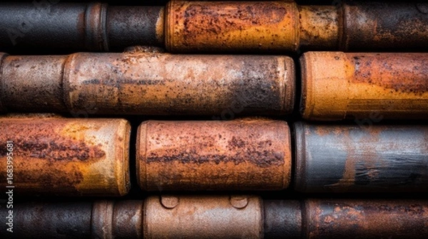 Fototapeta Close-up view of stacked metal pipes displaying various shades of rust and corrosion, highlighting textures and industrial themes in an urban environment.