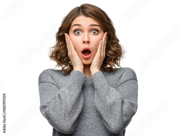 Obraz Astonished Woman, Shocked Expression, Amazement, Surprise, Grey Sweater, Close-up Portrait, Isolated on Black Background
