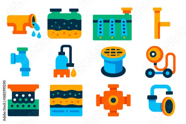 Obraz Modern Sewer System Icons. Flat vector icons of sewer and septic systems: sewer line, septic tank, drain field, vent pipe,