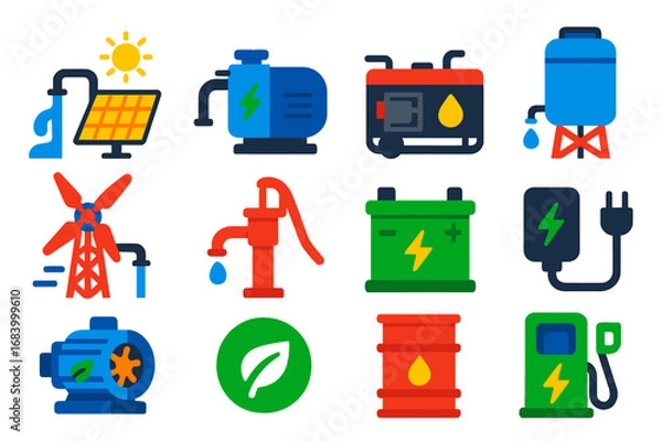 Obraz Irrigation Energy Icons. Flat vector icons of irrigation energy sources: solar-powered pump, electric pump, diesel generator,