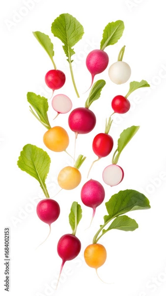 Fototapeta Floating composition of colorful radishes arranged in mid-air, isolated on transparent background