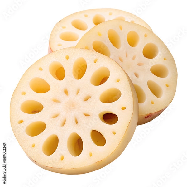 Fototapeta three sliced, pale yellow lotus roots with symmetrical, oval-shaped holes