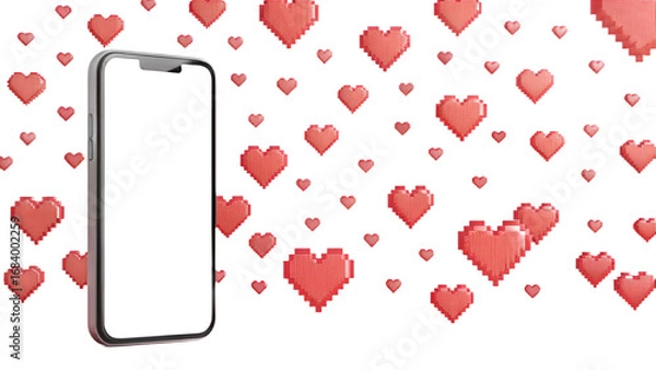 Fototapeta a smartphone with a black frame, displaying a blank white screen. The background is filled with red, pixelated hearts of varying sizes, creating a playful, digital Valentine's Day theme